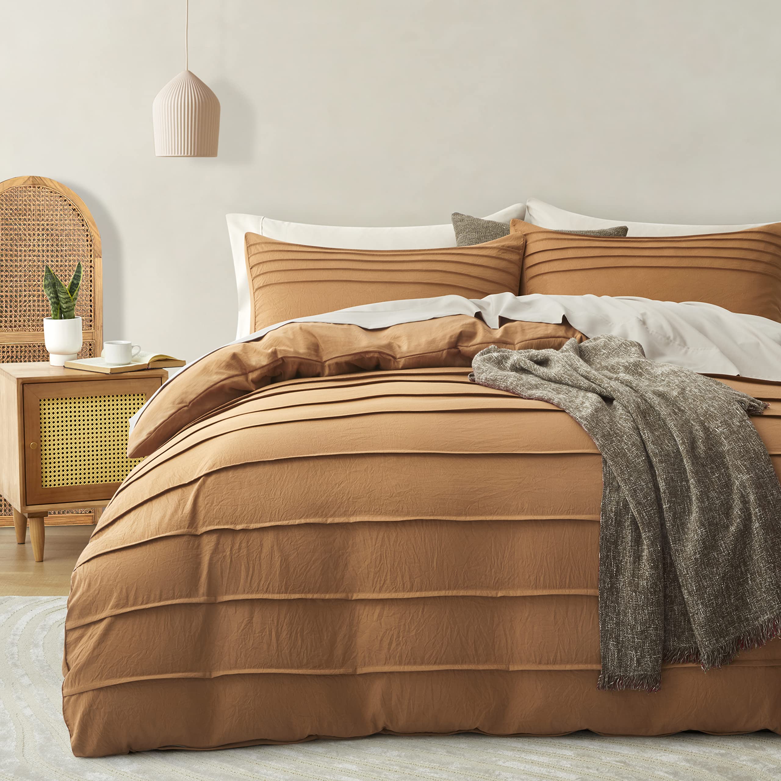 Oli Anderson Pumpkin Brown Duvet Cover Queen Size - Pleated Queen Duvet Cover, 3Pcs Soft And Breathable Textured Bedding Set Wit